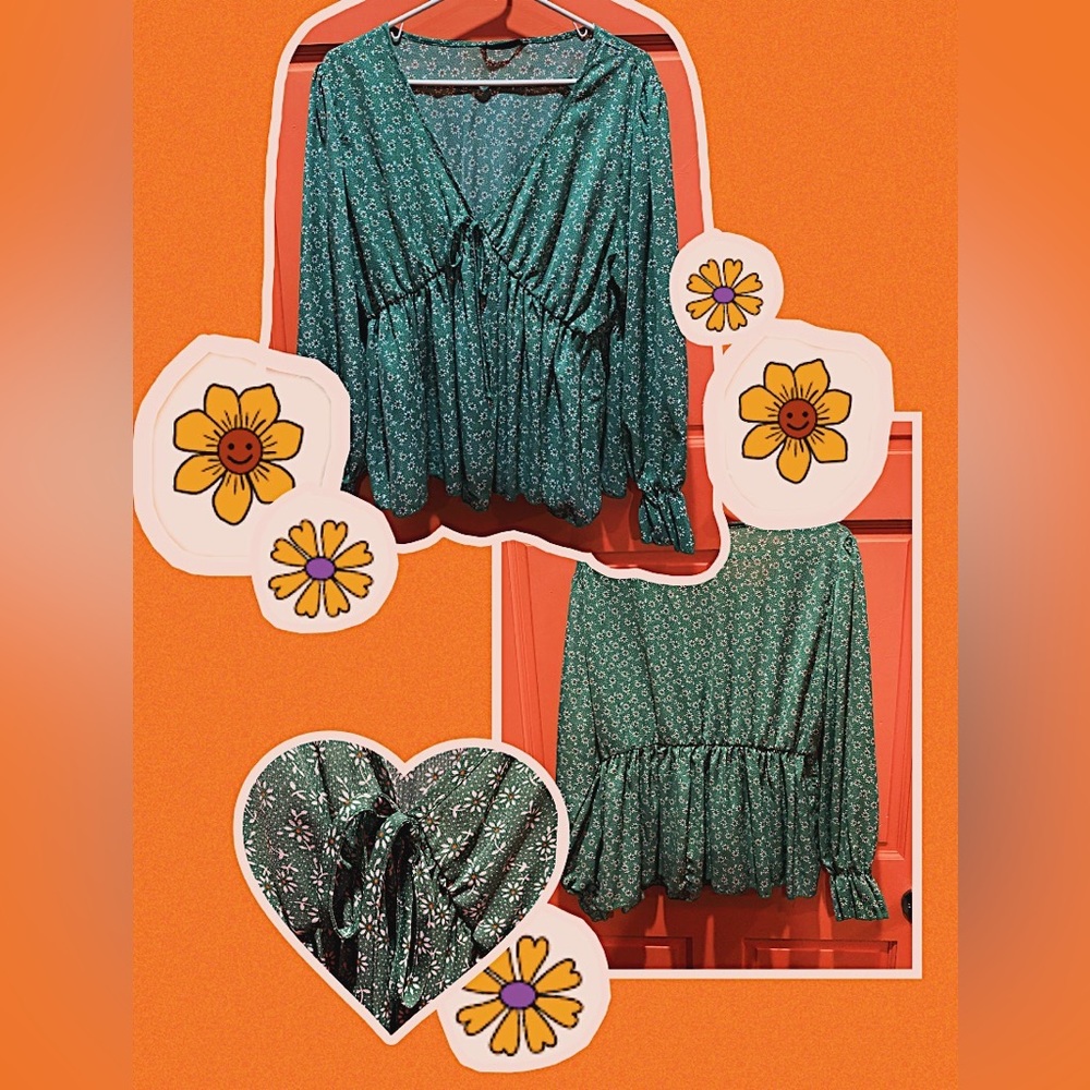 Green long sleeve floral blouse with plunge neckline